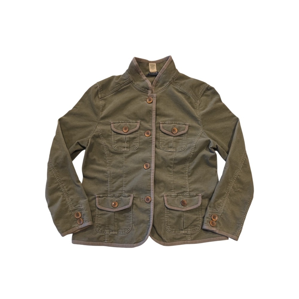 LL Bean Womens Corduroy Field Jacket L Reg Olive Green Utility Barn Blazer